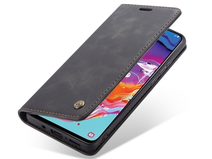 CaseMe Slim Synthetic Leather Wallet Case with Stand for Samsung Galaxy A70 - Charcoal Leather Wallet Case