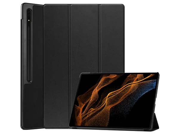 Slim Synthetic Leather Flip Case with Stand for Samsung Galaxy Tab S8 Ultra - Black Leather Flip Case