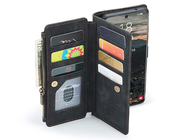 CaseMe Synthetic Leather Wallet Case with Zipper Pocket for Samsung Galaxy S22 - Charcoal