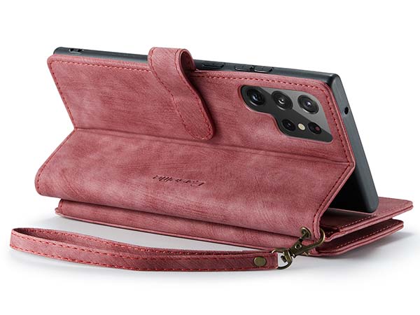 CaseMe Synthetic Leather Wallet Case with Zipper Pocket for Samsung Galaxy S22 Ultra - Pink/Blush Leather Wallet Case