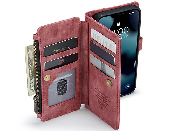 CaseMe Synthetic Leather Wallet Case with Zipper Pocket for iPhone 13 - Blush