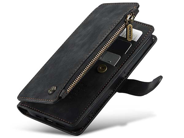 CaseMe Synthetic Leather Wallet Case with Zipper Pocket for iPhone 13 Pro - Charcoal Leather Wallet Case