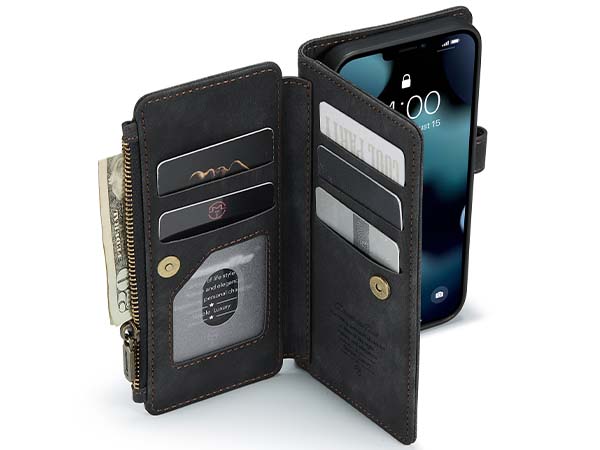 CaseMe Synthetic Leather Wallet Case with Zipper Pocket for iPhone 13 Pro - Charcoal