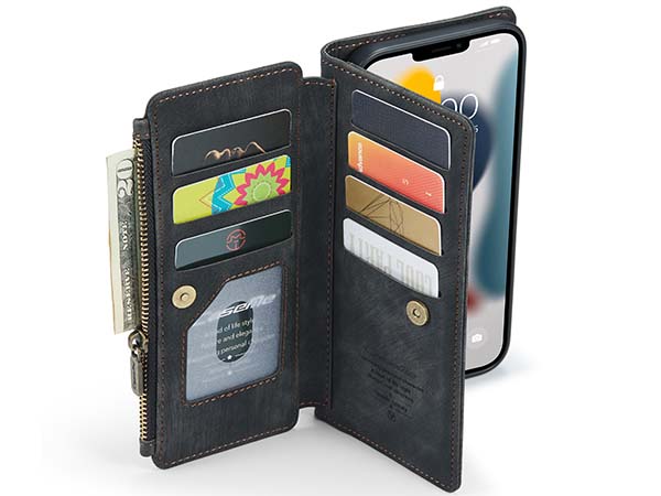 CaseMe Synthetic Leather Wallet Case with Zipper Pocket for iPhone 13 Pro Max - Charcoal
