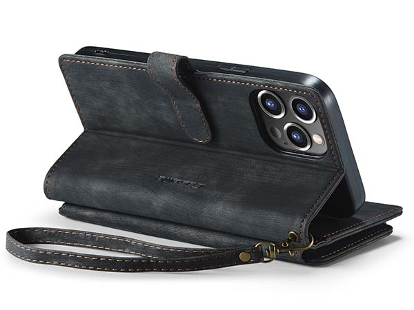 CaseMe Synthetic Leather Wallet Case with Zipper Pocket for iPhone 13 Pro Max - Charcoal