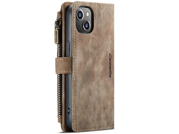 CaseMe Synthetic Leather Wallet Case with Zipper Pocket for iPhone 14 - Desert Taupe