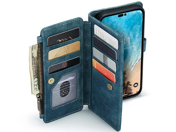 CaseMe Synthetic Leather Wallet Case with Zipper Pocket for iPhone 14 Pro Max - Teal