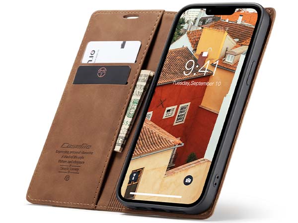 CaseMe Slim Synthetic Leather Wallet Case with Stand for iPhone 14 Plus - Tan