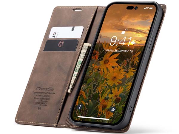 CaseMe Slim Synthetic Leather Wallet Case with Stand for iPhone 14 Pro Max - Chocolate