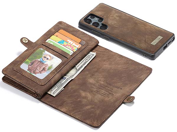 CaseMe 2-in-1 Synthetic Leather Wallet Case for Samsung Galaxy S22 Ultra - Beige/Tan