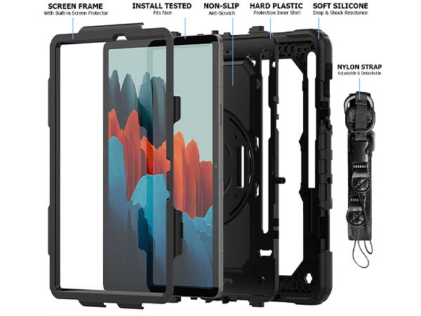 Rugged Impact Case with Strap for Samsung Galaxy Tab S7 FE - Classic Black