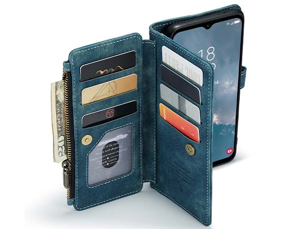 CaseMe Synthetic Leather Wallet Case with Zipper Pocket for Samsung Galaxy A14 - Teal