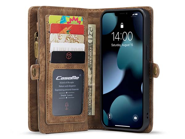 CaseMe 2-in-1 Synthetic Leather Wallet Case for iPhone 14 - Beige/Tan
