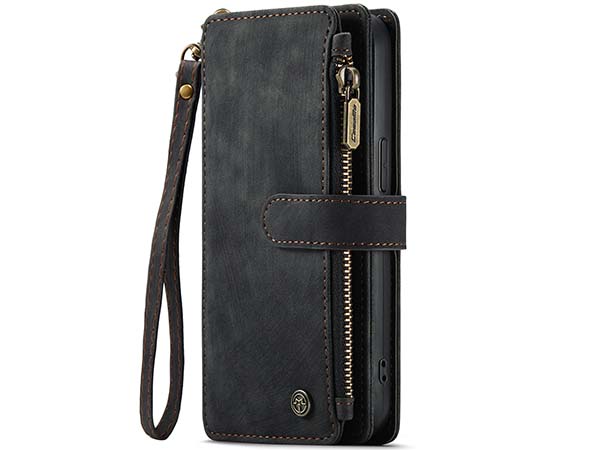 CaseMe Synthetic Leather Wallet Case with Zipper Pocket for iPhone 15 Pro - Charcoal