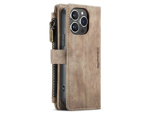 CaseMe Synthetic Leather Wallet Case with Zipper Pocket for iPhone 15 Pro - Desert Taupe