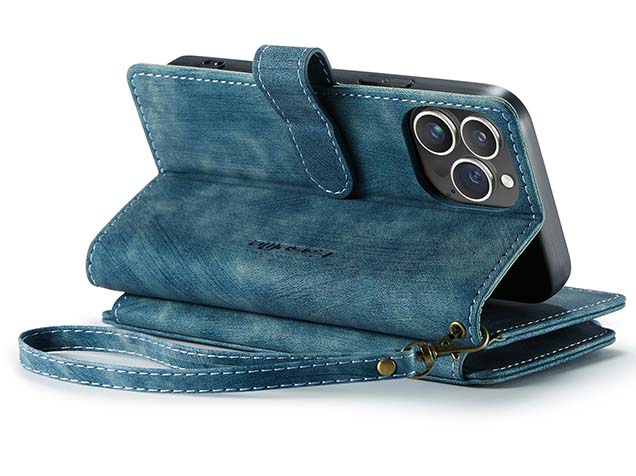 CaseMe Synthetic Leather Wallet Case with Zipper Pocket for iPhone 15 Pro - Teal Leather Wallet Case