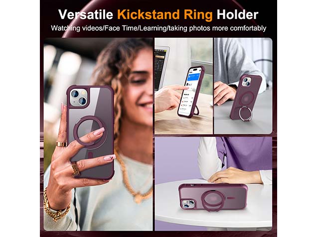 Magnetic Ring Stand Case for iPhone 15 Plus - Burgundy