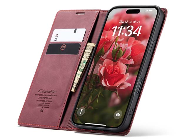 CaseMe Slim Synthetic Leather Wallet Case with Stand for iPhone 16 Plus - Burgundy