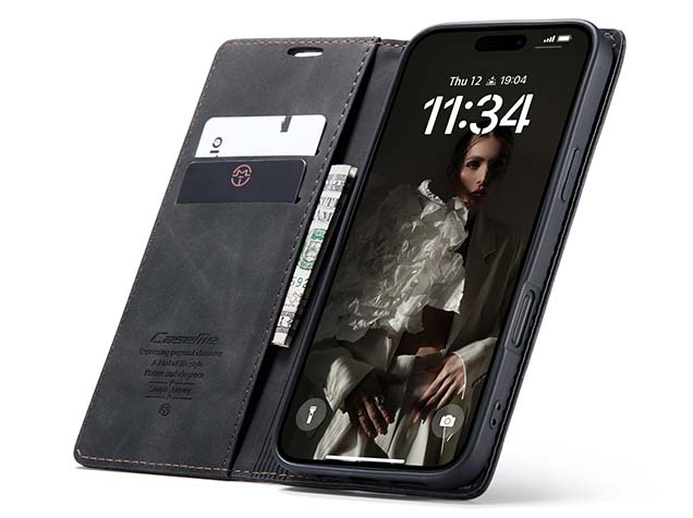 CaseMe Slim Synthetic Leather Wallet Case with Stand for iPhone 16 Pro - Charcoal