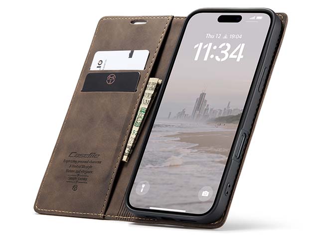 CaseMe Slim Synthetic Leather Wallet Case with Stand for iPhone 16 Pro Max - Chocolate