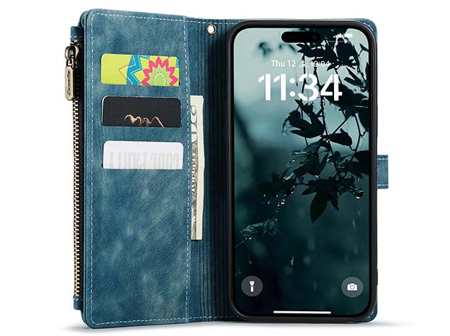 CaseMe Synthetic Leather Wallet Case with Zipper Pocket for iPhone 16 Plus - Teal