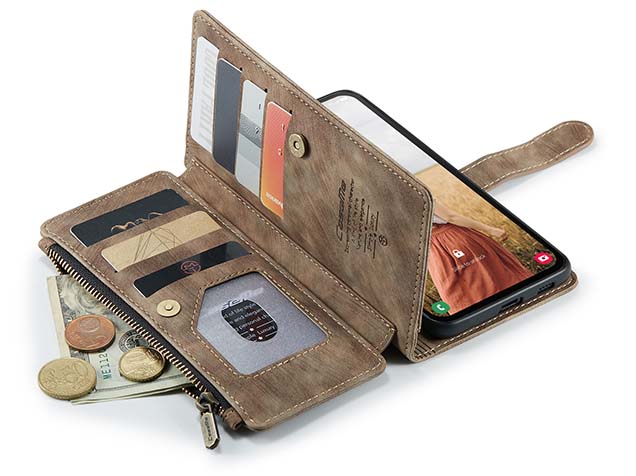 CaseMe Synthetic Leather Wallet Case with Zipper Pocket for Samsung Galaxy S24 FE - Desert Taupe