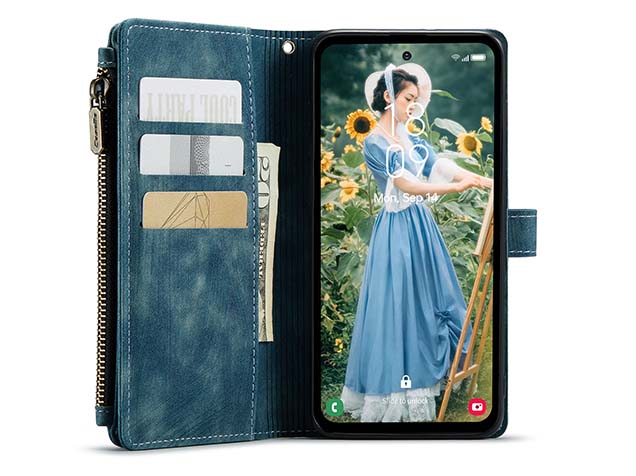 CaseMe Synthetic Leather Wallet Case with Zipper Pocket for Samsung Galaxy S24 FE - Teal