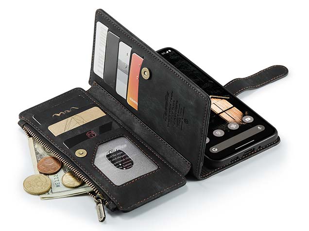 CaseMe Synthetic Leather Wallet Case with Zipper Pocket for Google Pixel 10 Pro XL - Charcoal