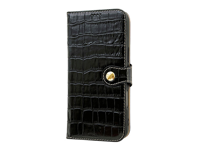 Crocodile Patterned Top-Grain Leather Wallet Case for iPhone 17 - Black
