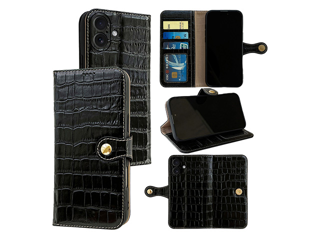 Crocodile Patterned Top-Grain Leather Wallet Case for iPhone 17 - Black