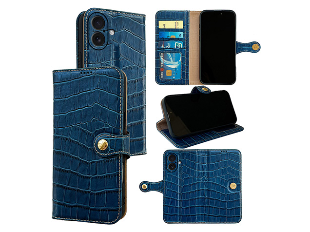 Crocodile Patterned Top-Grain Leather Wallet Case for iPhone 17 - Blue