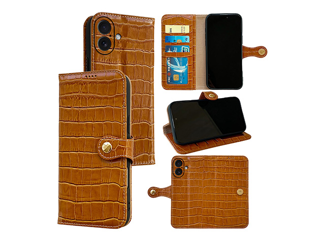 Crocodile Patterned Top-Grain Leather Wallet Case for iPhone 17 - Tan