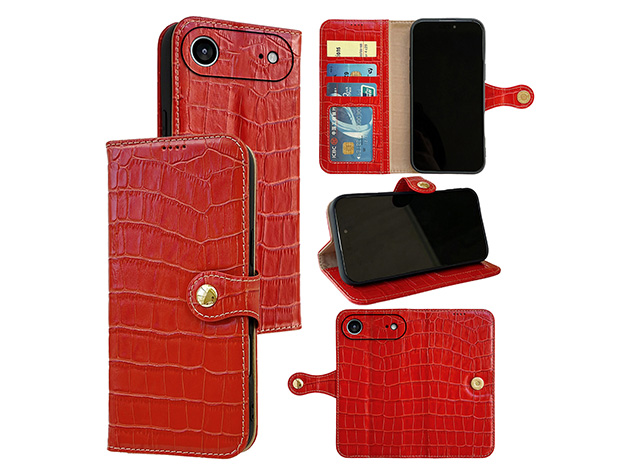 Crocodile Patterned Top-Grain Leather Wallet Case for iPhone Air - Red