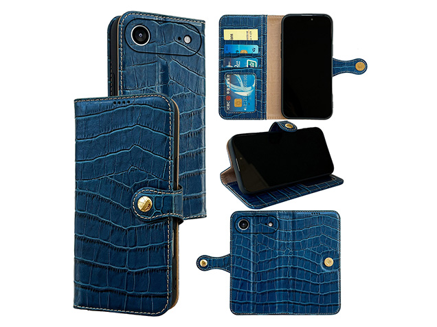 Crocodile Patterned Top-Grain Leather Wallet Case for iPhone Air - Blue