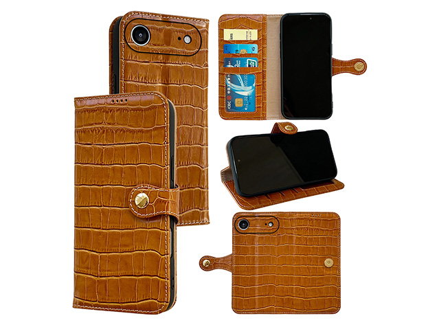 Crocodile Patterned Top-Grain Leather Wallet Case for iPhone Air - Tan