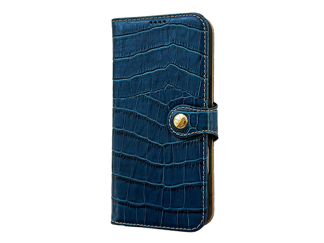 Crocodile Patterned Top-Grain Leather Wallet Case for iPhone 17 Pro - Blue