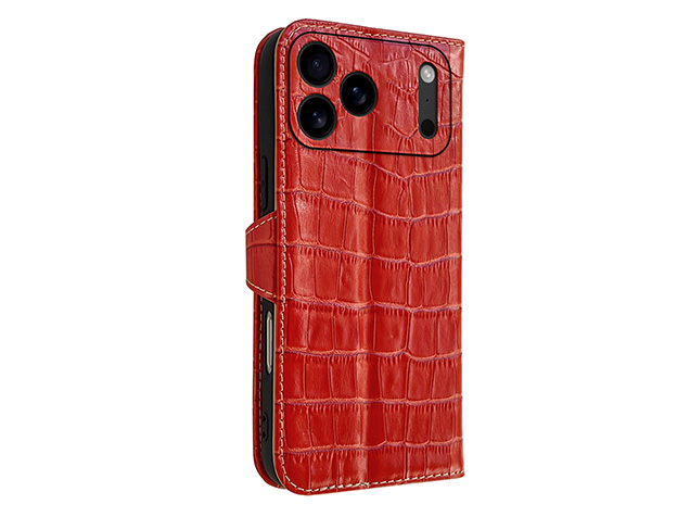 Crocodile Patterned Top-Grain Leather Wallet Case for iPhone 17 Pro Max - Red Leather Wallet Case