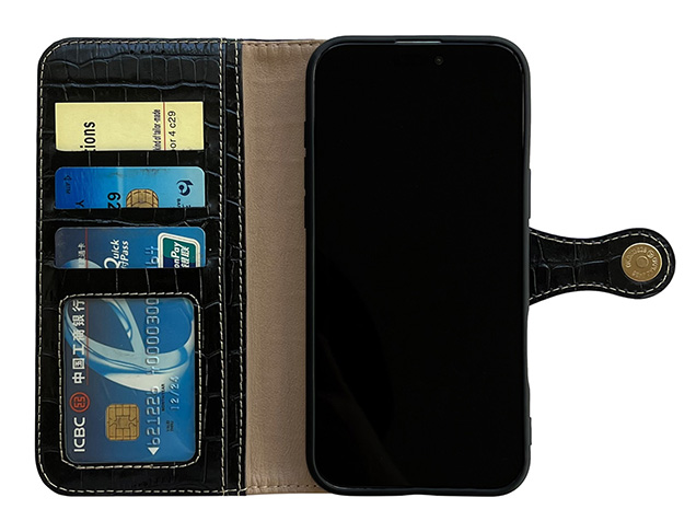 Crocodile Patterned Top-Grain Leather Wallet Case for iPhone 17 Pro Max - Black