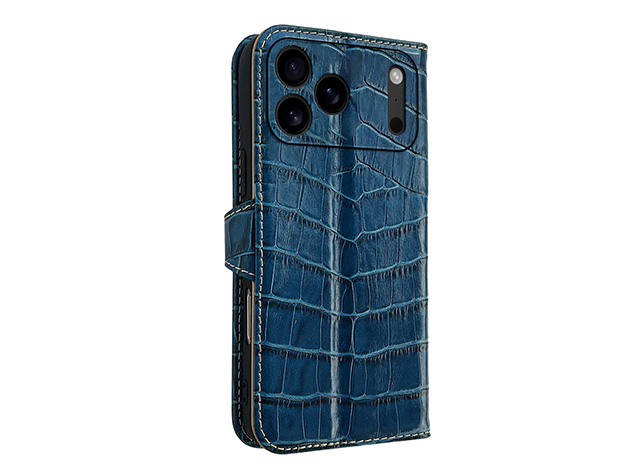 Crocodile Patterned Top-Grain Leather Wallet Case for iPhone 17 Pro Max - Blue Leather Wallet Case
