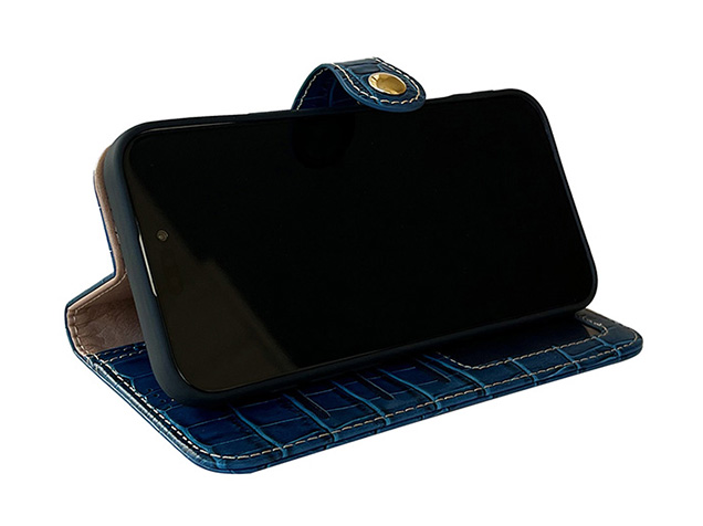 Crocodile Patterned Top-Grain Leather Wallet Case for iPhone 17 Pro Max - Blue