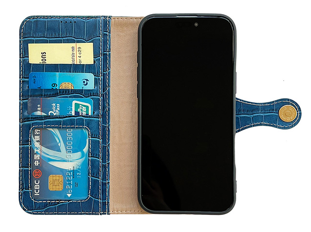 Crocodile Patterned Top-Grain Leather Wallet Case for iPhone 17 Pro Max - Blue