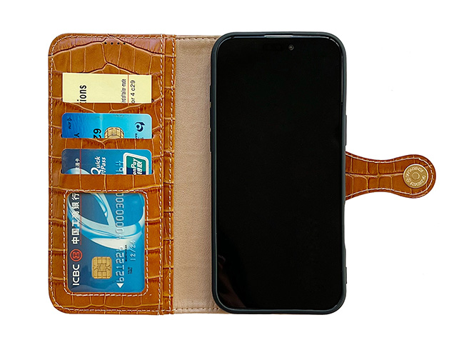 Crocodile Patterned Top-Grain Leather Wallet Case for iPhone 17 Pro Max - Tan