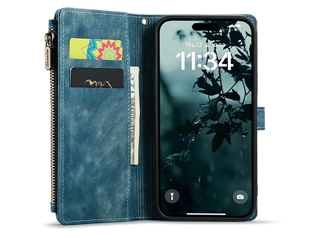 CaseMe Synthetic Leather Wallet Case with Zipper Pocket for iPhone 17 - Teal