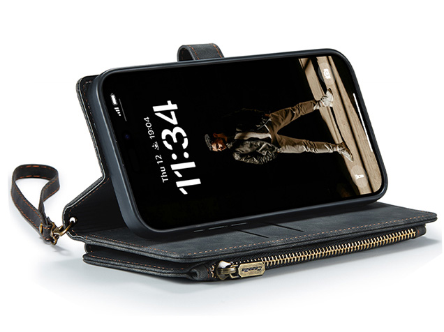 CaseMe Synthetic Leather Wallet Case with Zipper Pocket for iPhone 17 - Charcoal