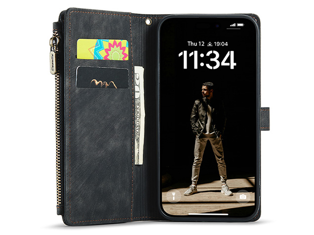 CaseMe Synthetic Leather Wallet Case with Zipper Pocket for iPhone 17 - Charcoal
