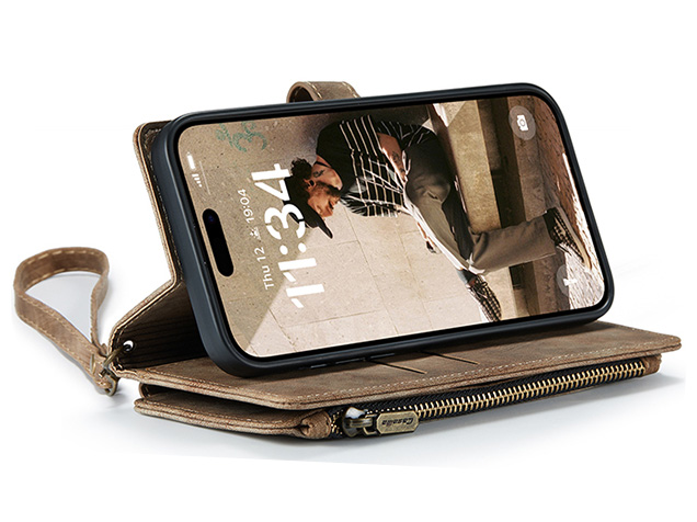 CaseMe Synthetic Leather Wallet Case with Zipper Pocket for iPhone 17 - Dessert Taupe