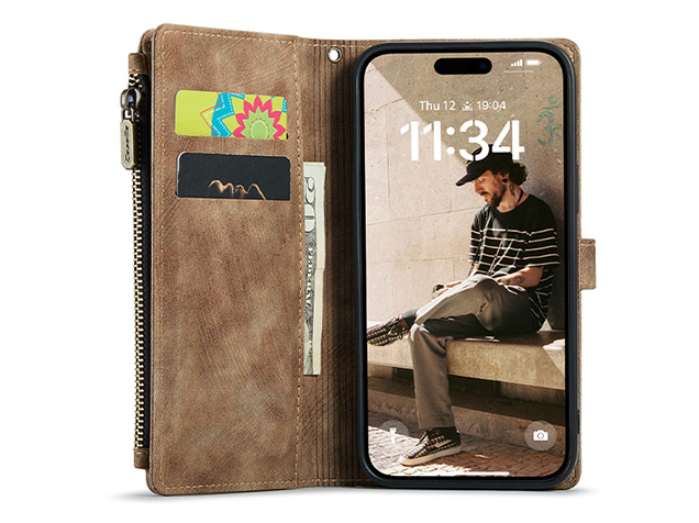 CaseMe Synthetic Leather Wallet Case with Zipper Pocket for iPhone 17 Pro - Dessert Taupe