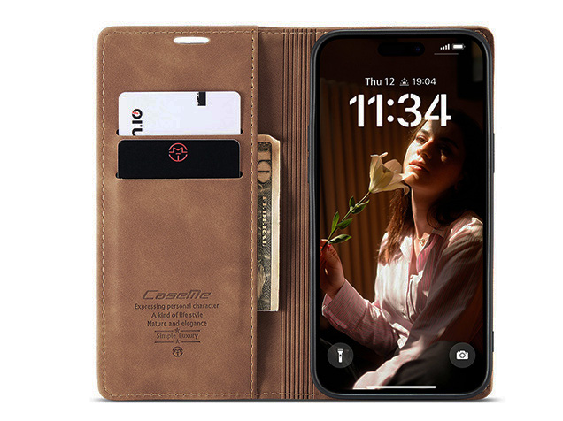 CaseMe Slim Synthetic Leather Wallet Case with Stand for iPhone 17 - Tan
