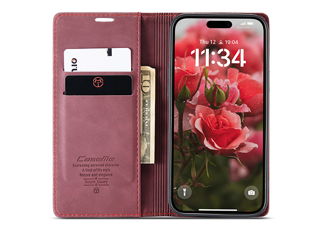 CaseMe Slim Synthetic Leather Wallet Case with Stand for iPhone 17 - Burgundy