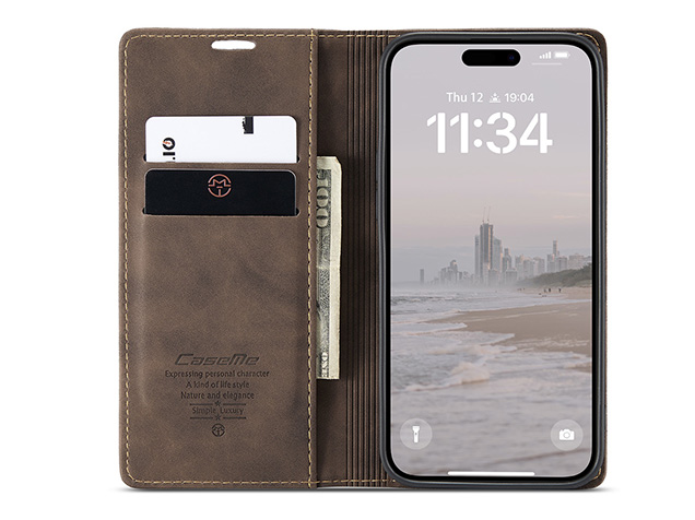 CaseMe Slim Synthetic Leather Wallet Case with Stand for iPhone 17 - Chocolate